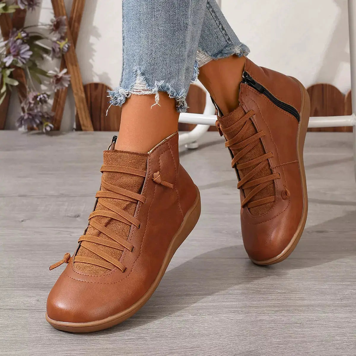 Lace-Up Faux Leather Ankle Boots by Trendsi, tan brown pair with side zipper