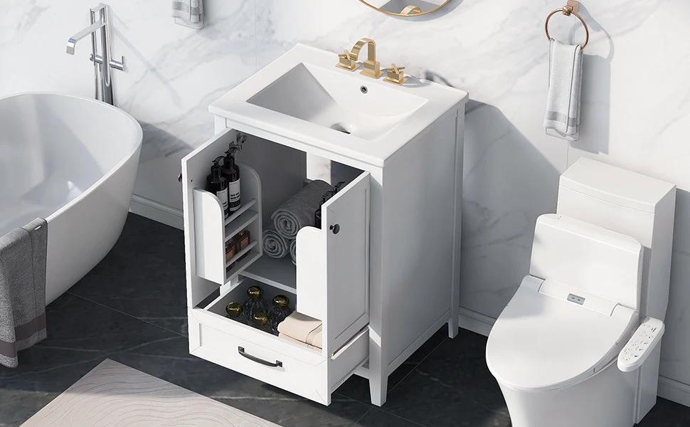 24" Bathroom Vanity with Sink, Bathroom Vanity Cabinet with One Drawer and Doors, Solid Wood and MDF, White by eprolo