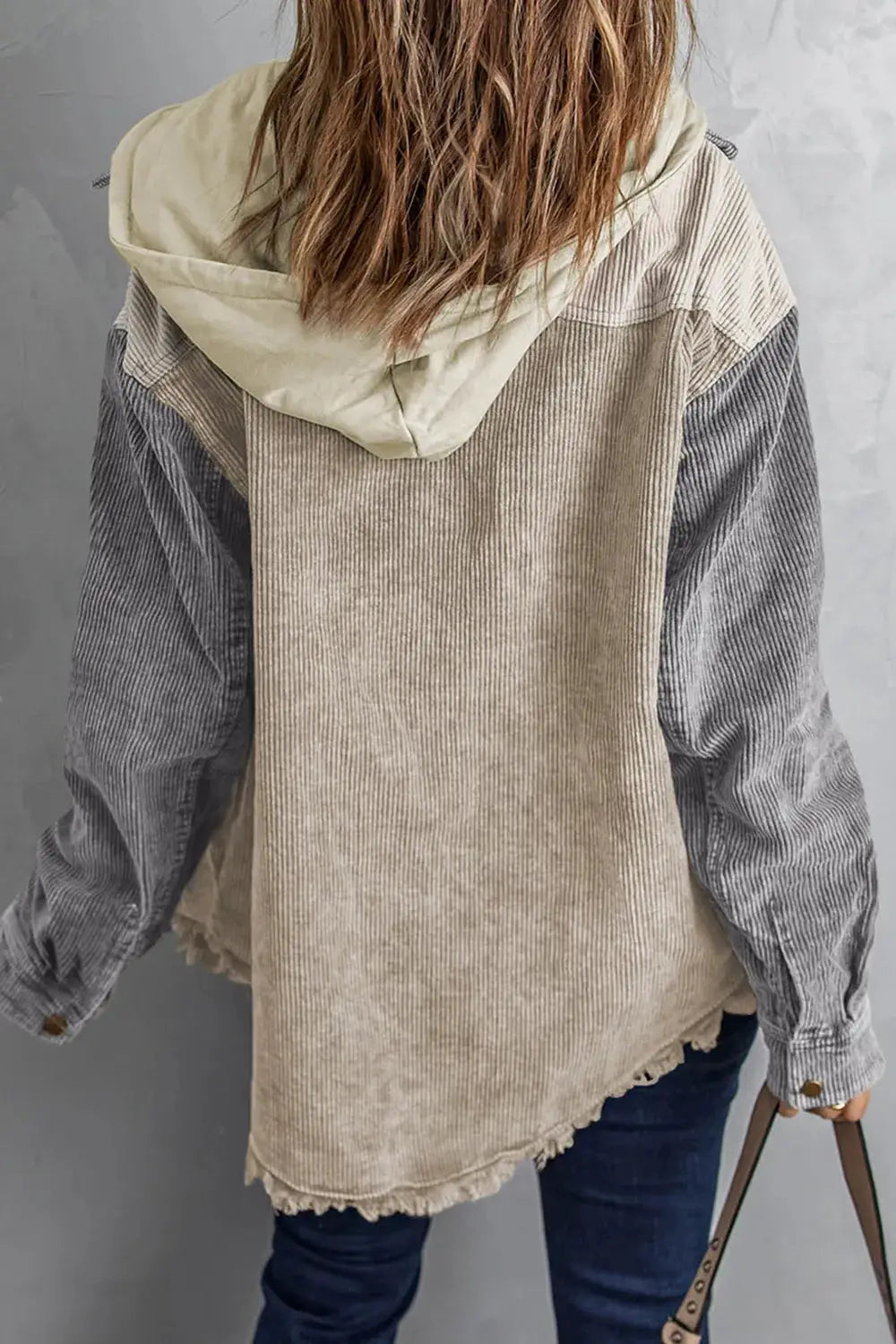 Snap Front Hooded Corduroy Shacket in beige with grey sleeves and cream hood