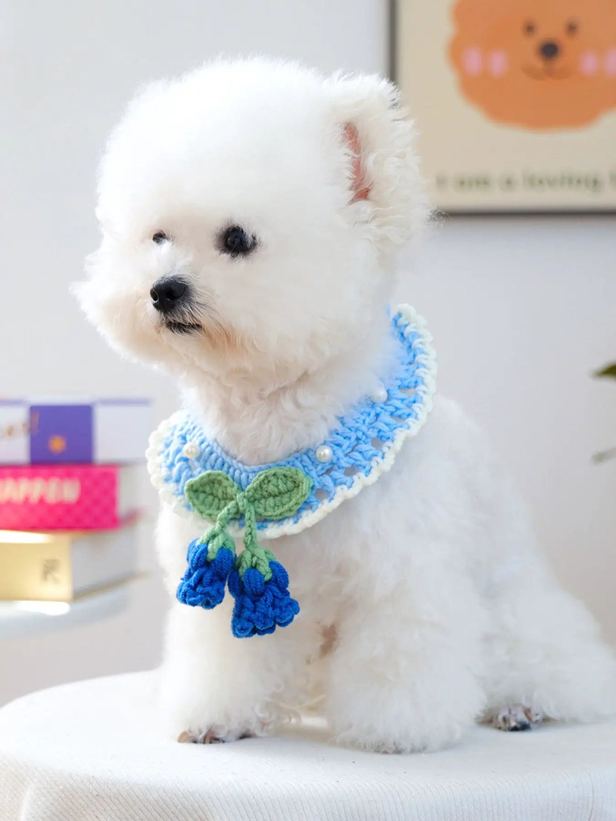 Contrast Pet Scarf on a white fluffy dog; blue crochet scarf with green leaf and blue tassels.