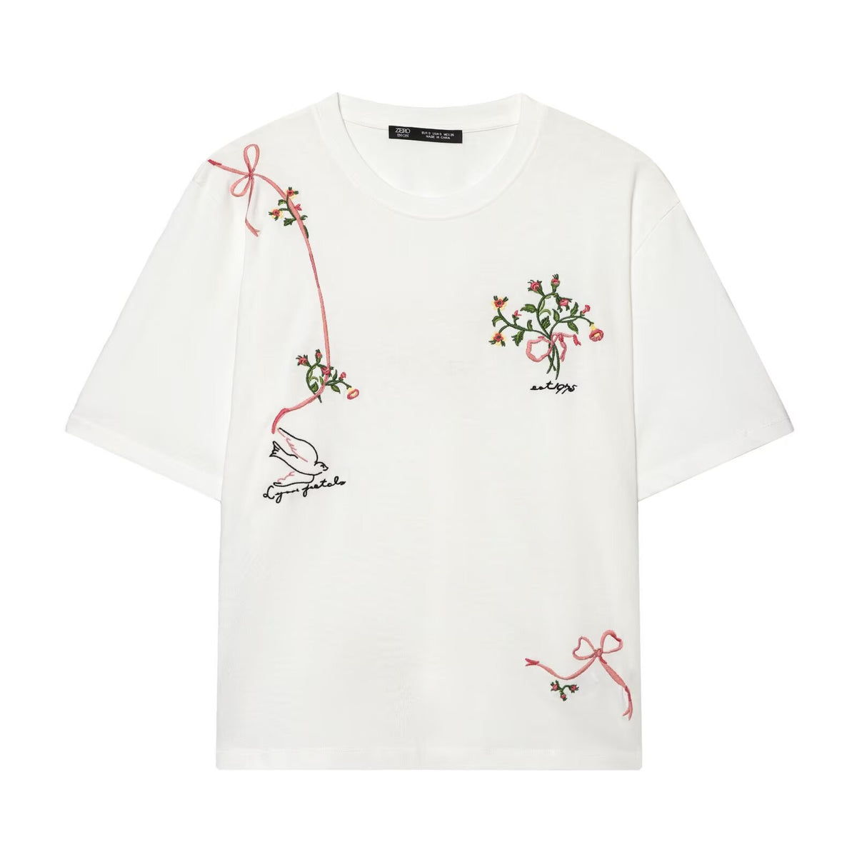 Casual embroidered flower T-shirt by eprolo; white tee with pink floral embroidery on the front.