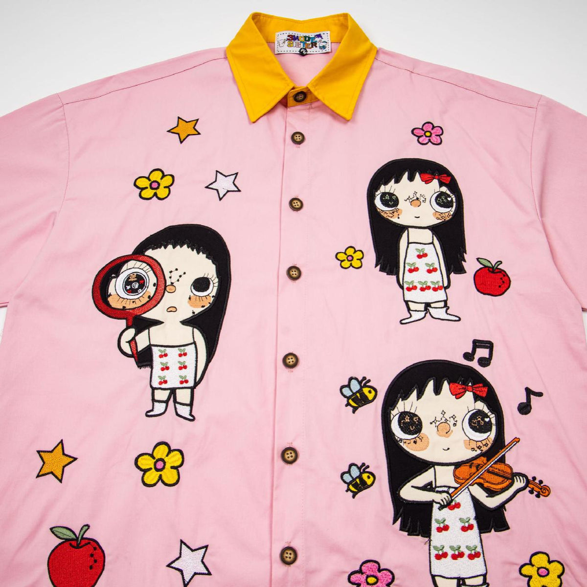 Cute little girl embroidered pink short-sleeve shirt with yellow collar, street-trend pattern, by eprolo