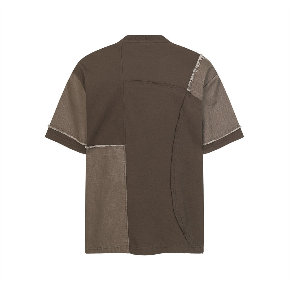 Irregular color-block fringed short-sleeve T-shirt in brown patchwork with frayed edges