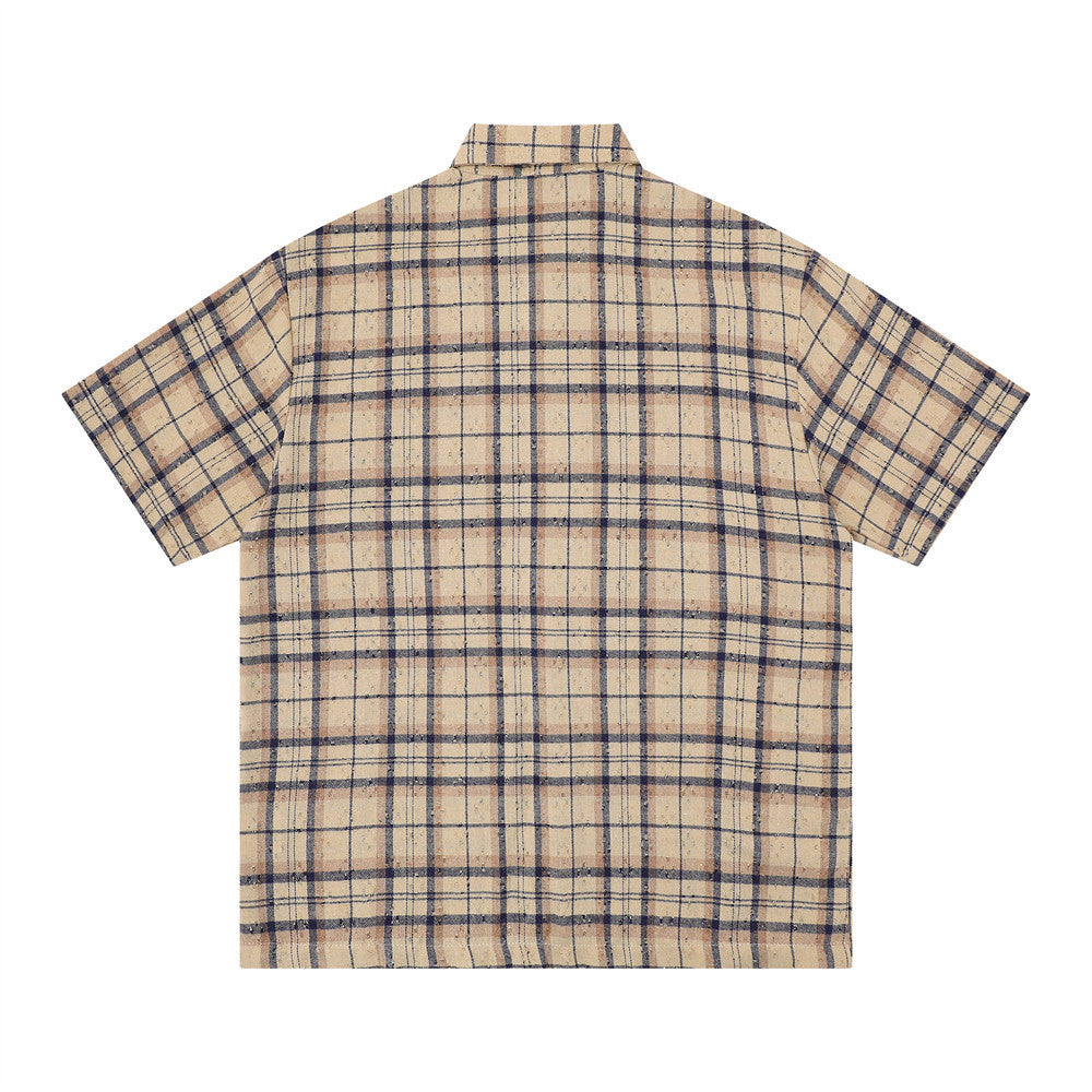 Color blocked plaid short-sleeved shirt in beige with navy lines