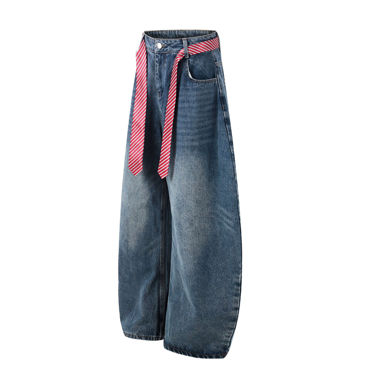 Women's denim pants, high-waist, wide-leg, floor-length with red-striped belt