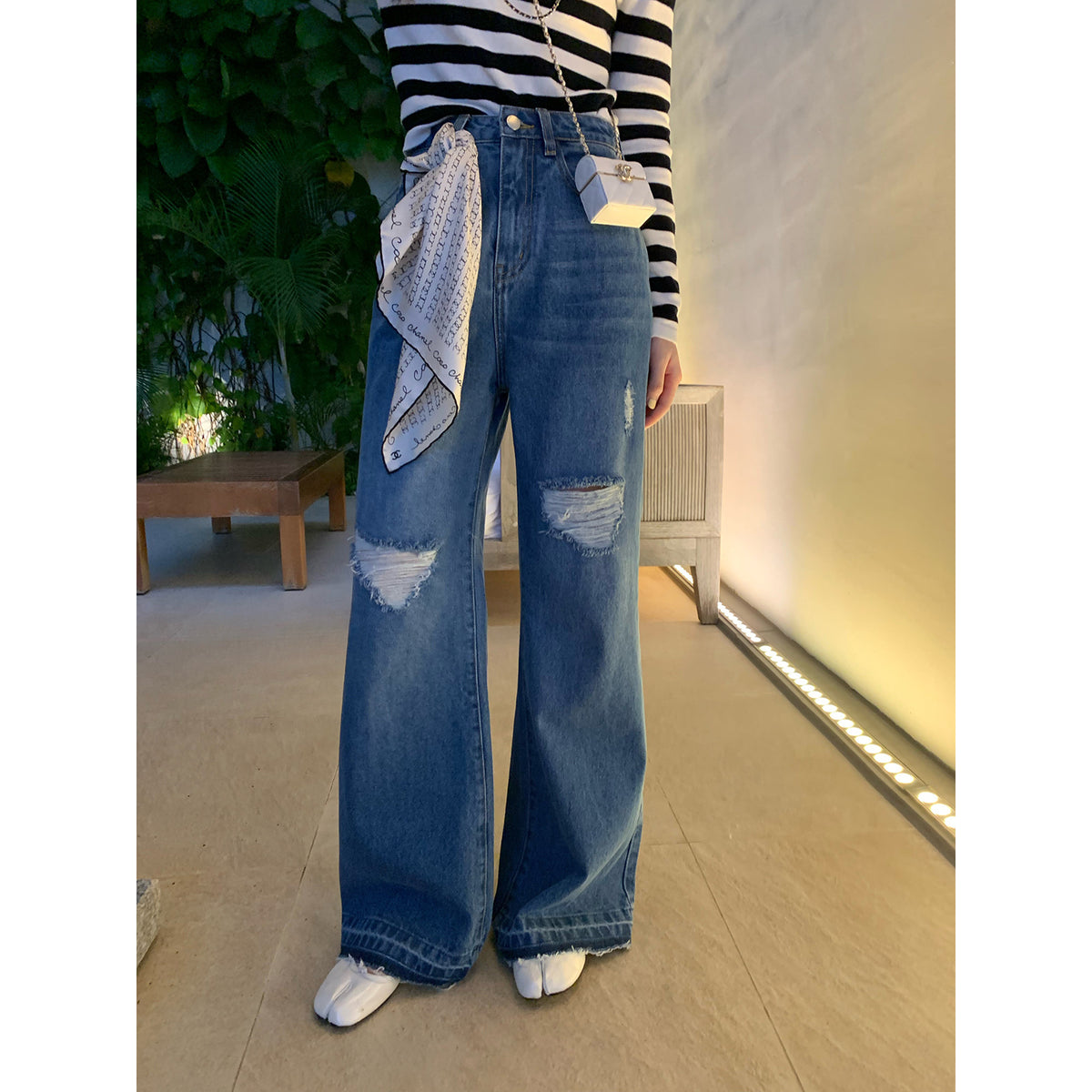 Layered ripped wide-leg jeans for women in blue denim by eprolo