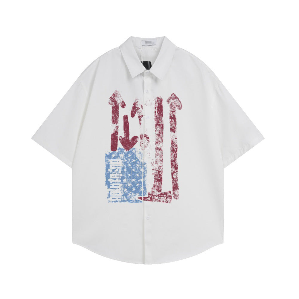 Color-blocked graffiti printed short-sleeve shirt, white with red and blue graphic
