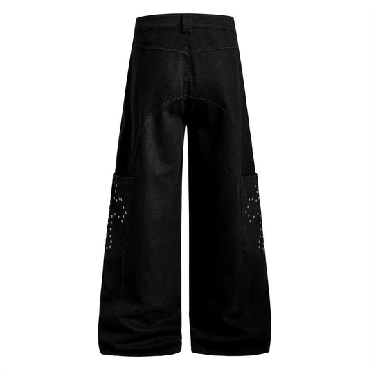 Eprolo men's solid black cotton denim wide-leg cowboy streetwear pants, back view with studded pockets
