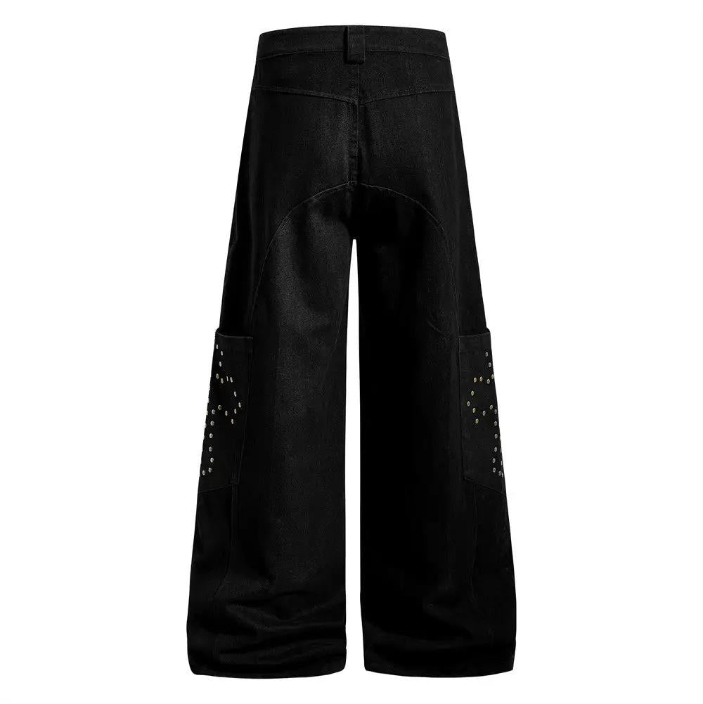 Eprolo men's solid black cotton denim wide-leg cowboy streetwear pants, back view with studded pockets