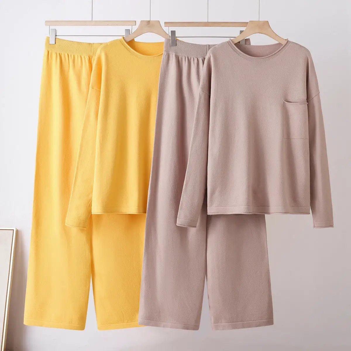 Women's casual two-piece sweater and wide-leg pants set with pockets in yellow and taupe, by eprolo; 2 outfits