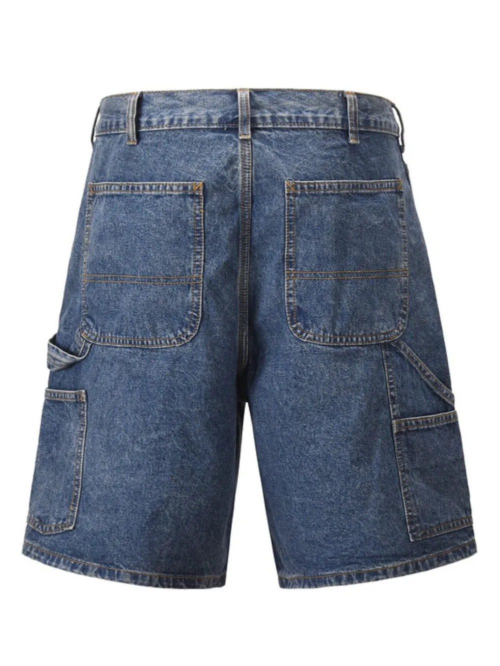 Men's washed denim Bermuda shorts with large back pockets and cargo pockets in blue