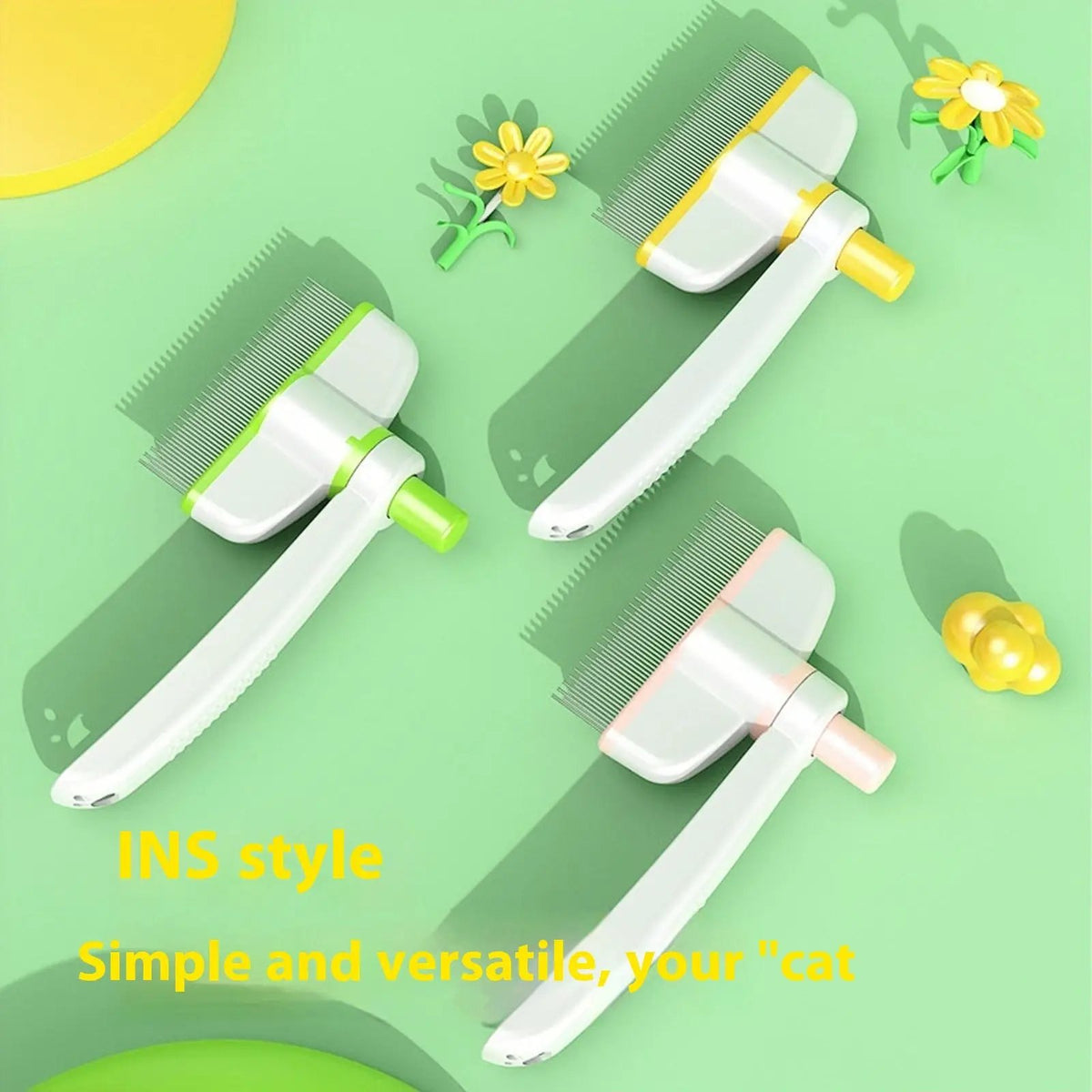 Cat grooming comb set by AdTec; 4 self-cleaning long-hair brushes with green, yellow, and pink handles