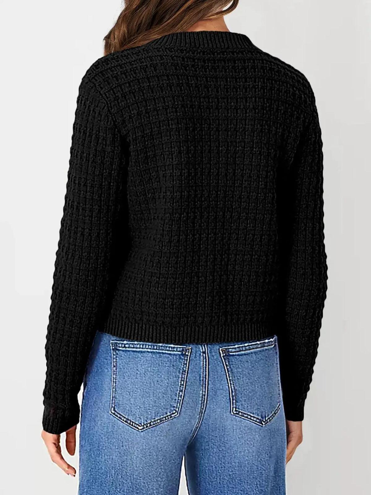 Textured stretchy knit button-front cardigan, black, back view