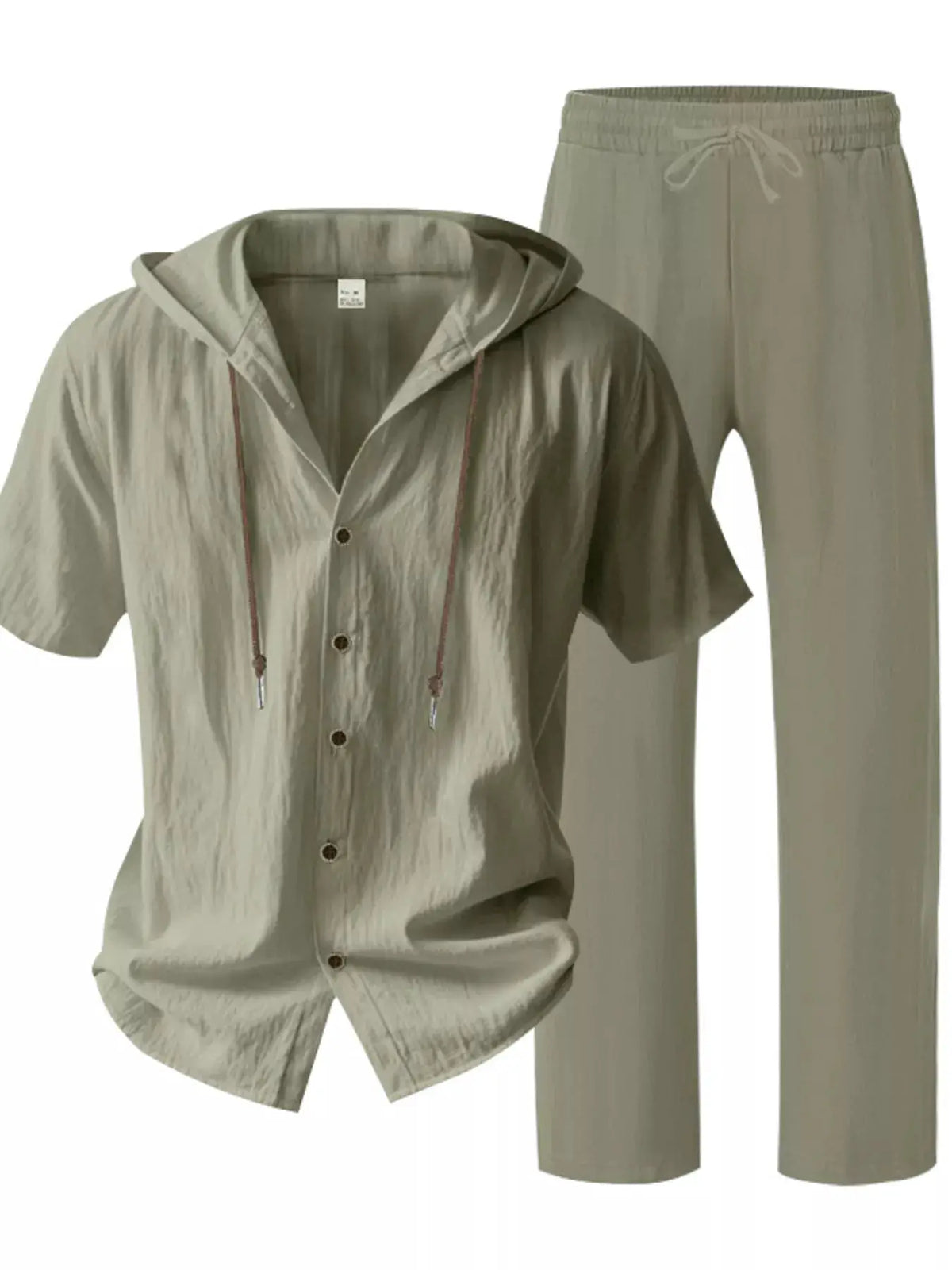 Mens breathable linen hooded button-up top and pants 2-piece beige set, Trendsi plus size