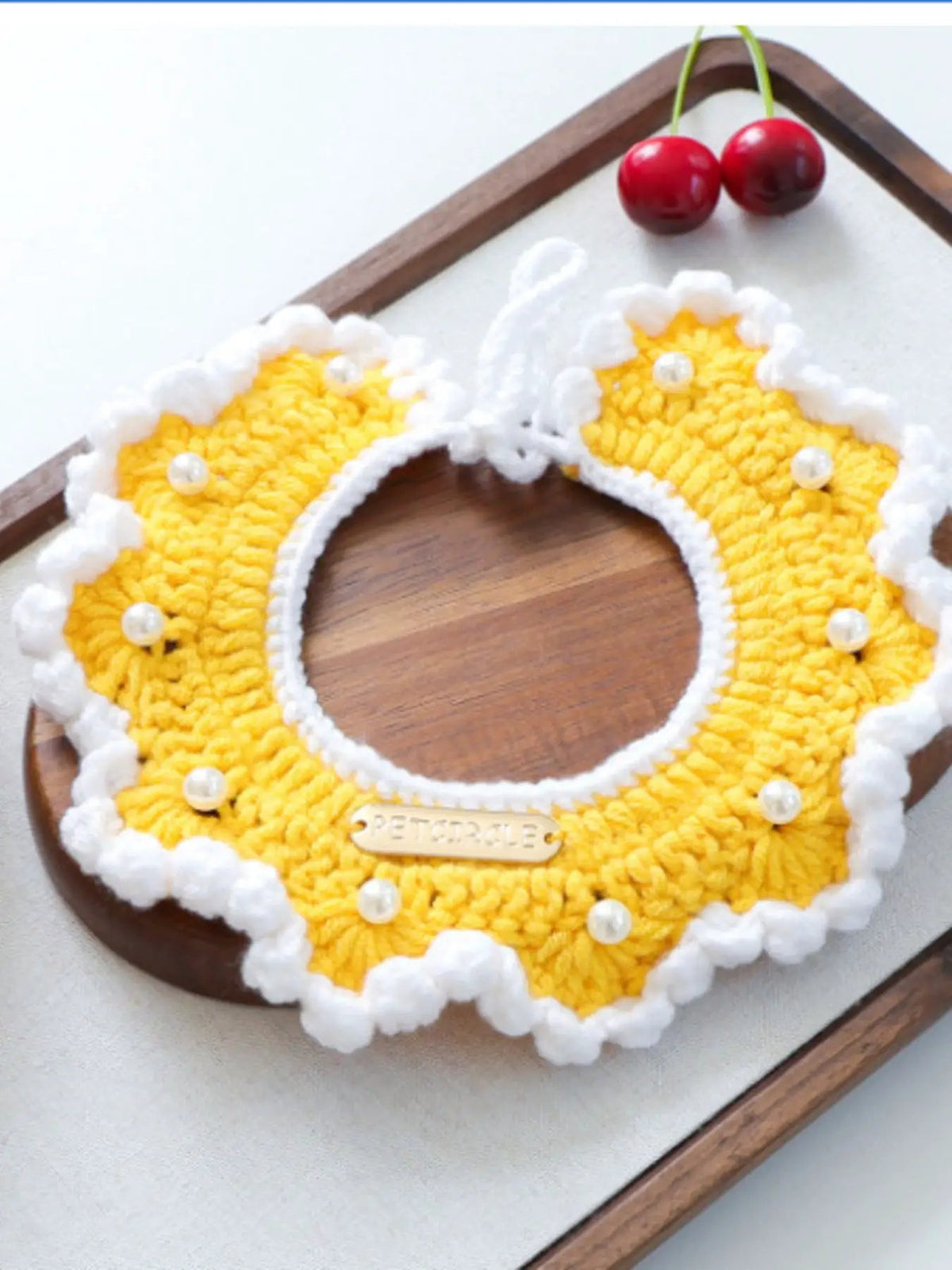 Contrast Pet Scarf, yellow crochet with white ruffle trim and pearl accents