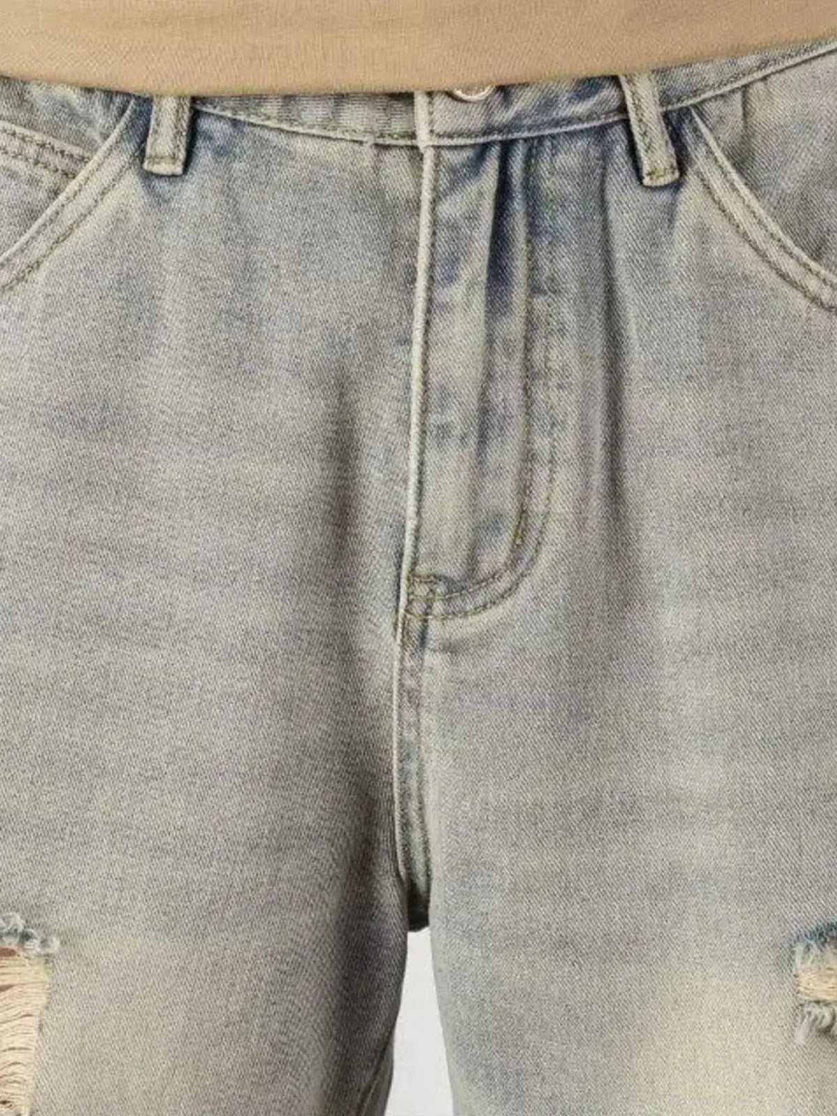 Men's distressed denim shorts, plus-size, light-wash cotton, relaxed fit with belt loops.
