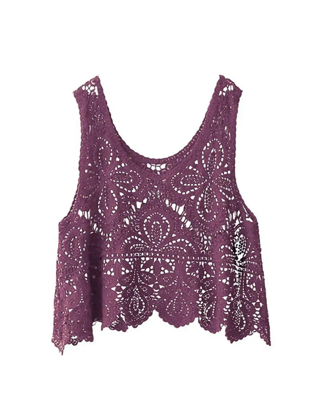 Trendsi lightweight cotton lace cover-up; purple sleeveless scoop-neck with floral cutouts.