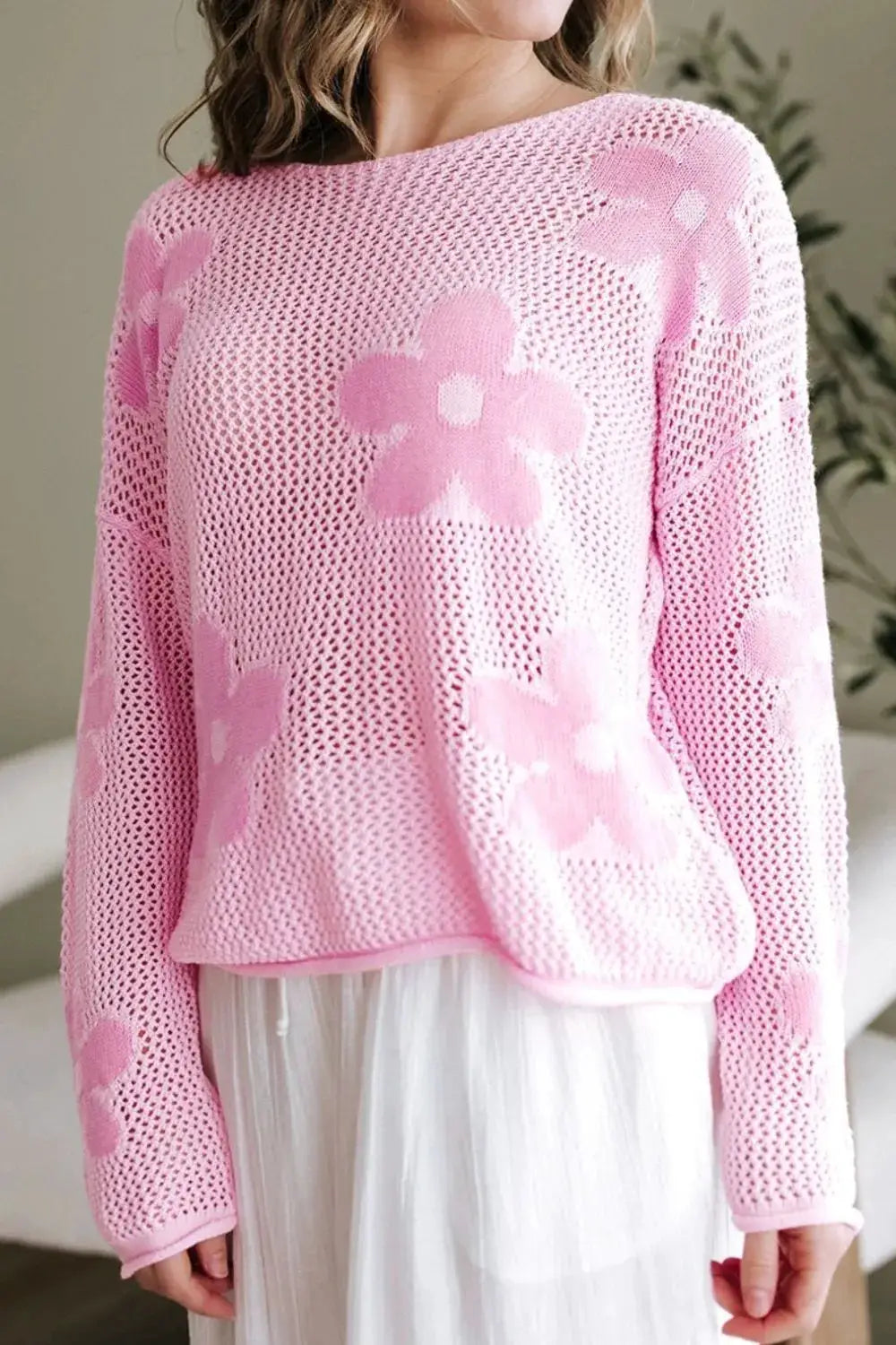 Lightweight pink openwork floral knit cover-up top by Trendsi with round neck
