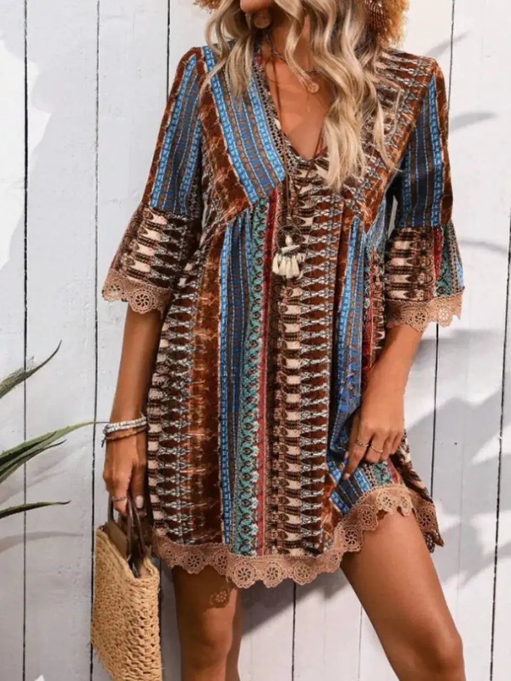 Trendsi Lace Trim Printed V-Neck 3/4 Sleeve Dress in multicolor boho stripes
