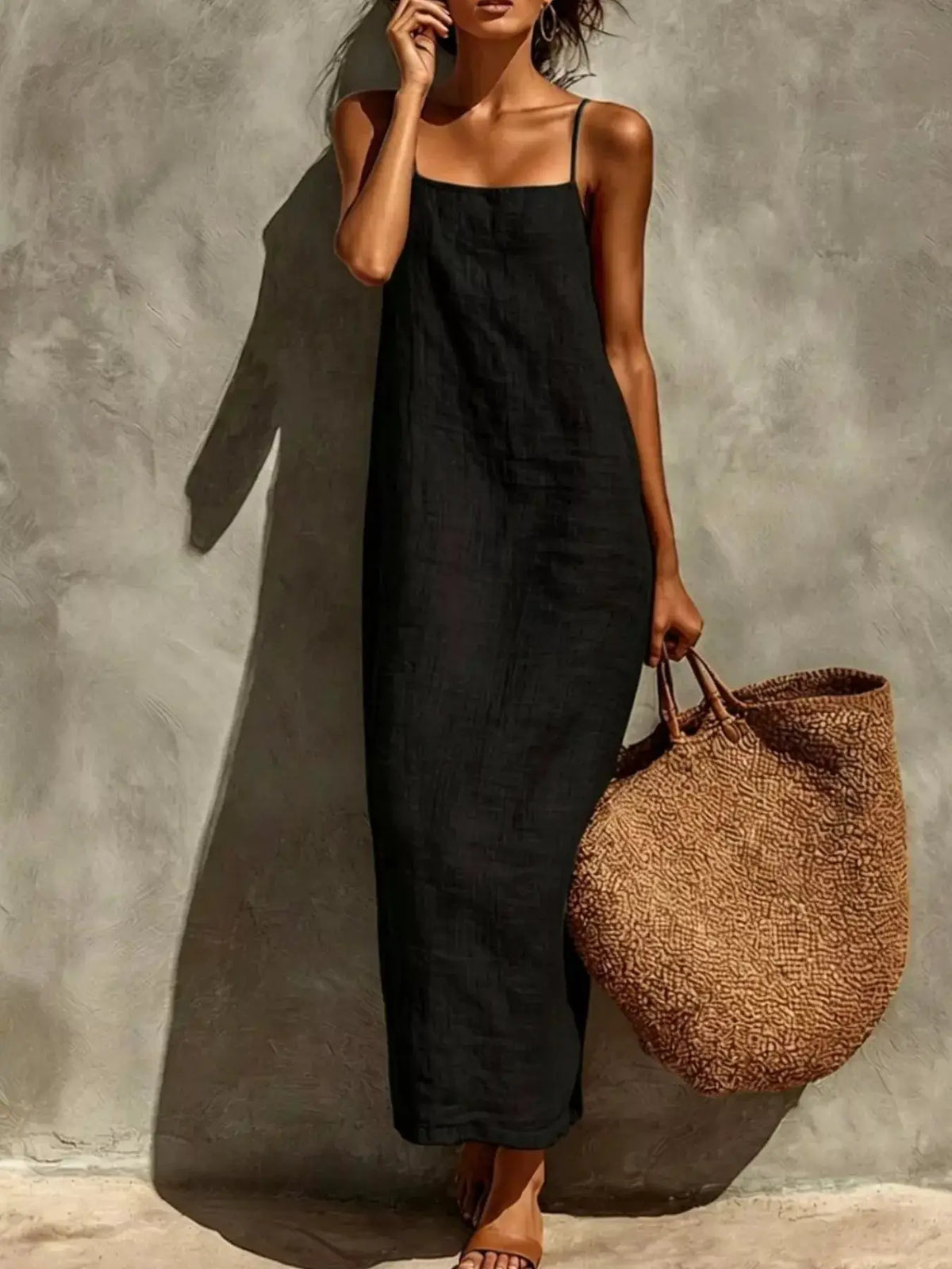 Sleeveless black linen casual maxi dress with thin straps, paired with a woven tote.