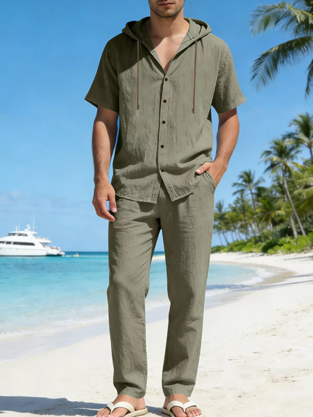 Men's olive breathable linen hooded button-up top and matching pants set on beach