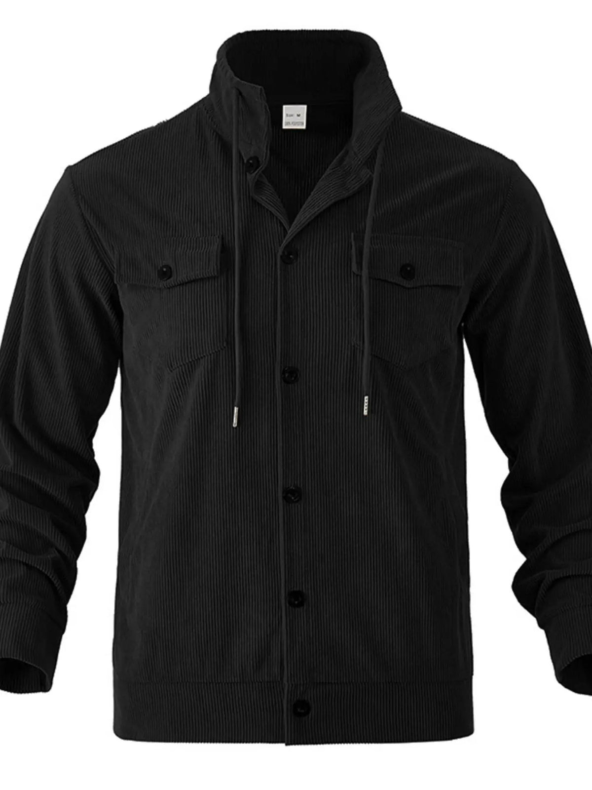 Men's black corduroy button-up casual jacket with front chest pockets.