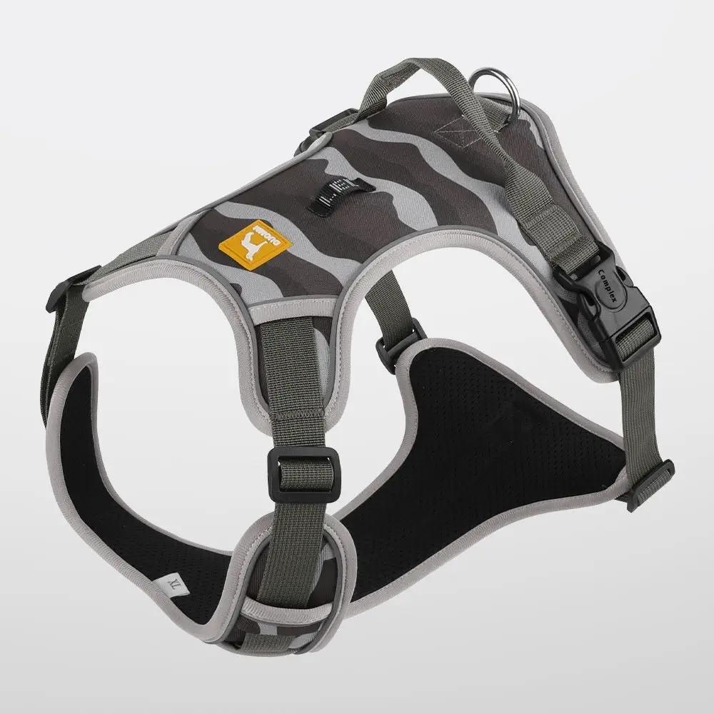 Dog harness by AdTec with camo reflective chest and back straps and top handle.