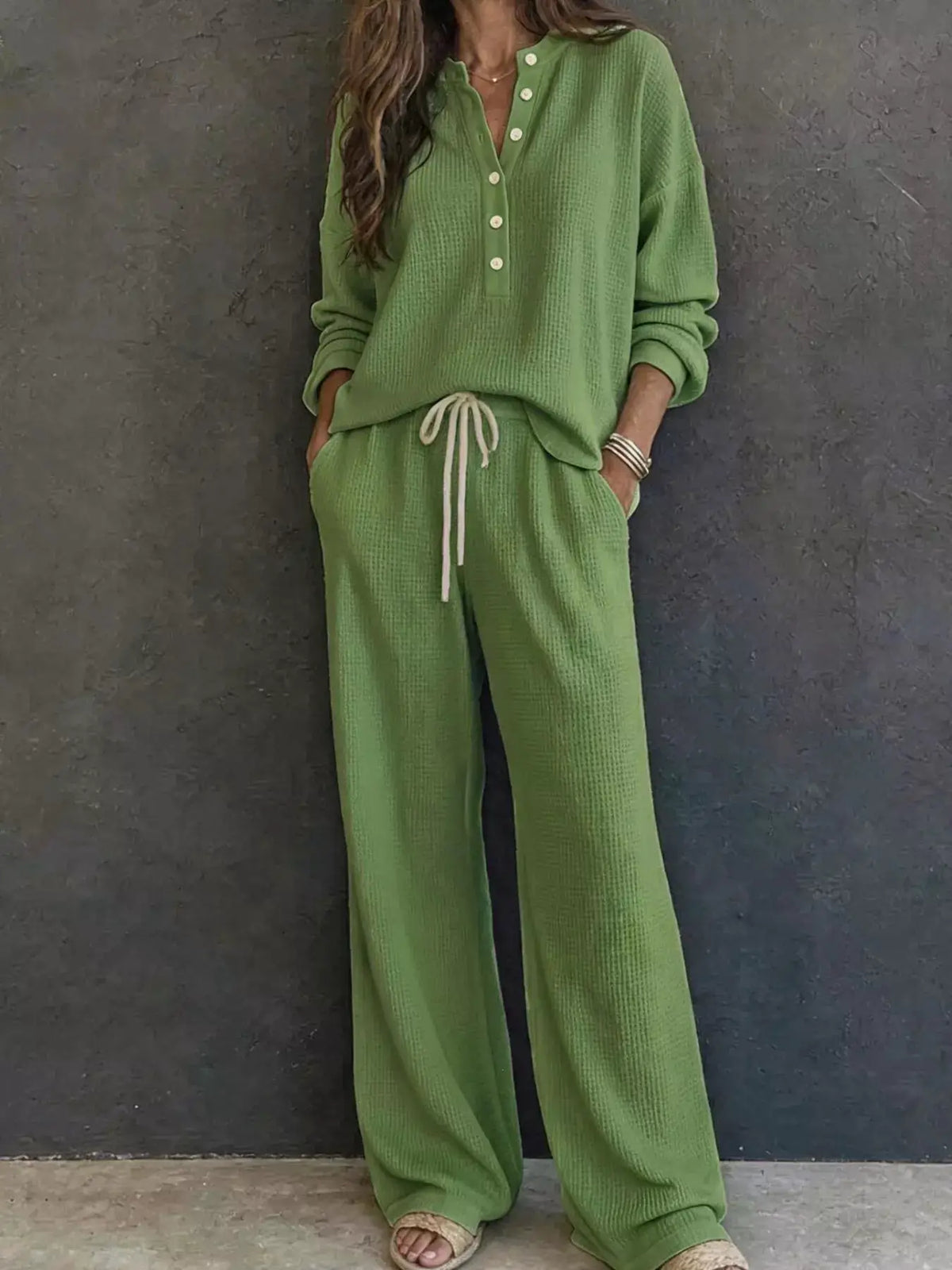 Trendsi waffle-knit Henley top and wide-leg pants set in sage green with button placket and drawstring waist.