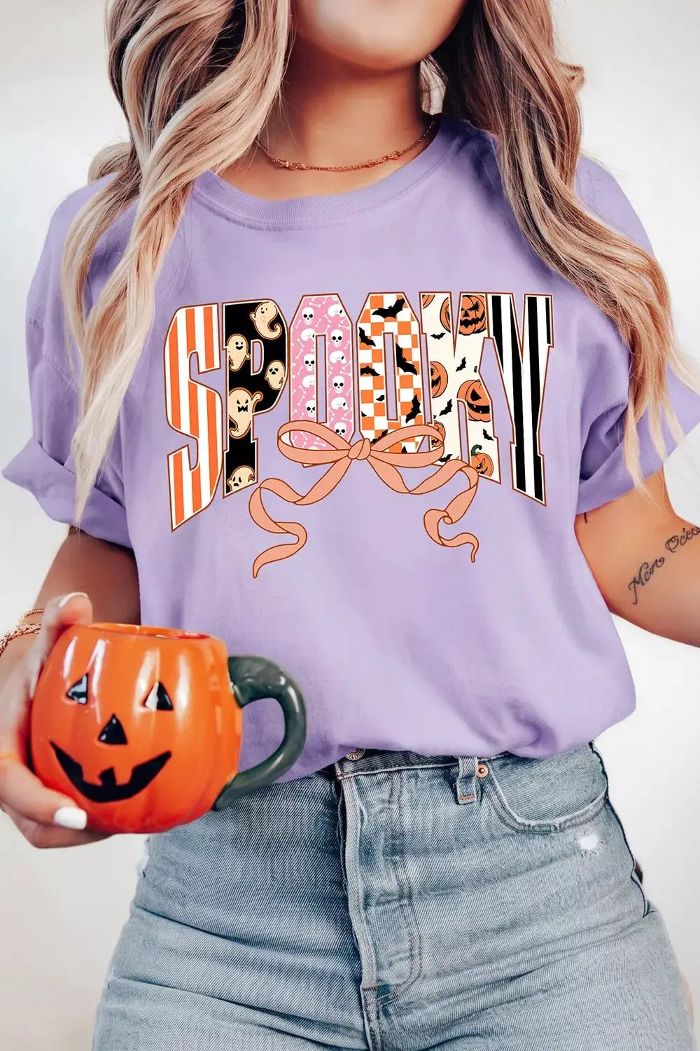 T-shirt lavender Halloween Spooky Letter graphic, round-neck casual tee