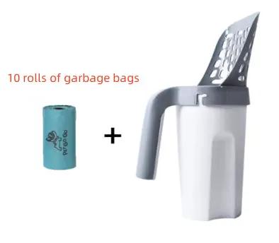 Large-capacity toilet bucket with integrated cat litter scoop, white with grey handle; AdTec; includes 10 rolls garbage bags