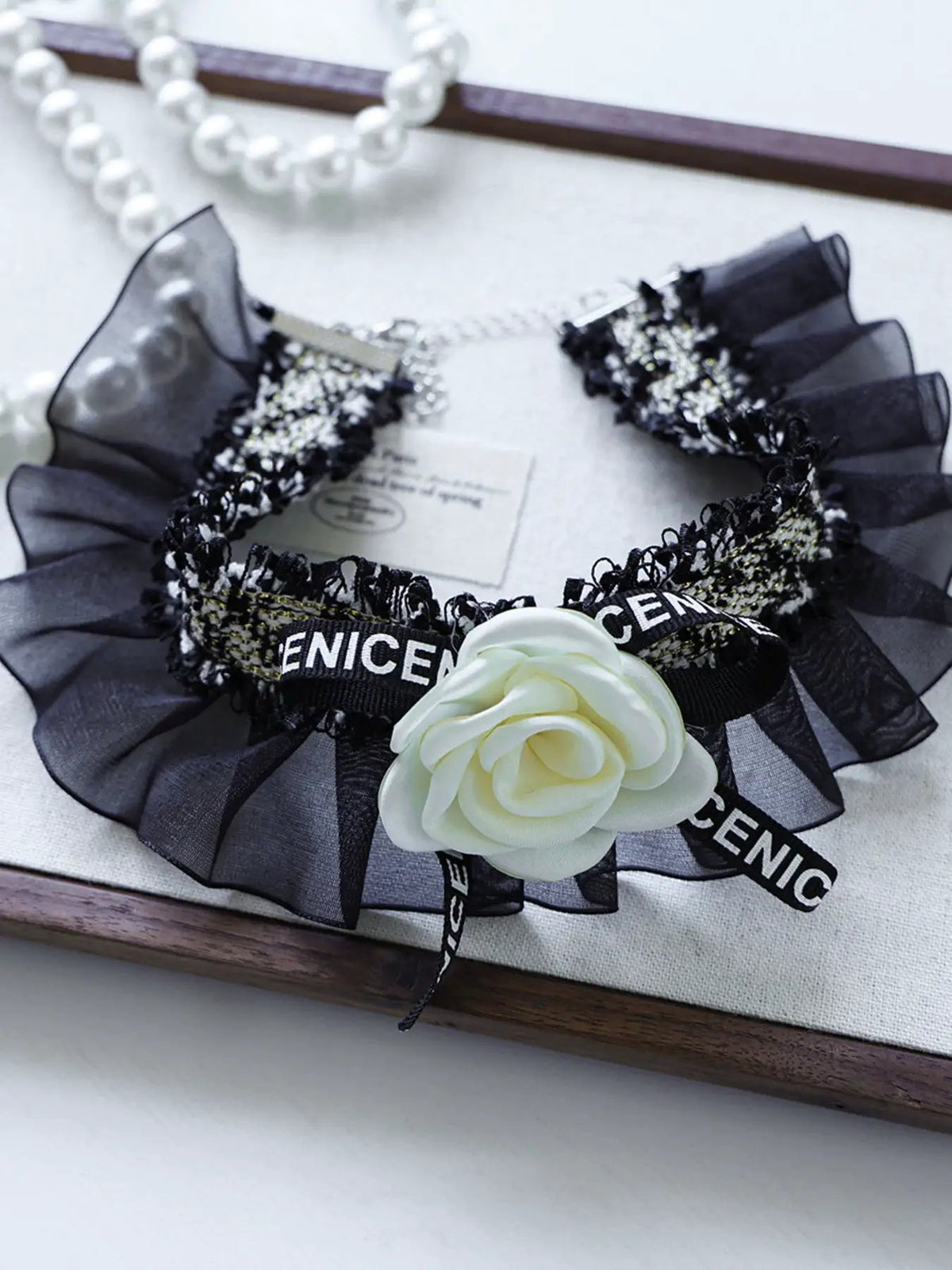 Contrast Pet Scarf, black lace and sheer organza with white flower accent