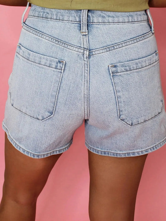 Wash High Rise Denim Shorts, light blue denim, Trendsi brand, back view
