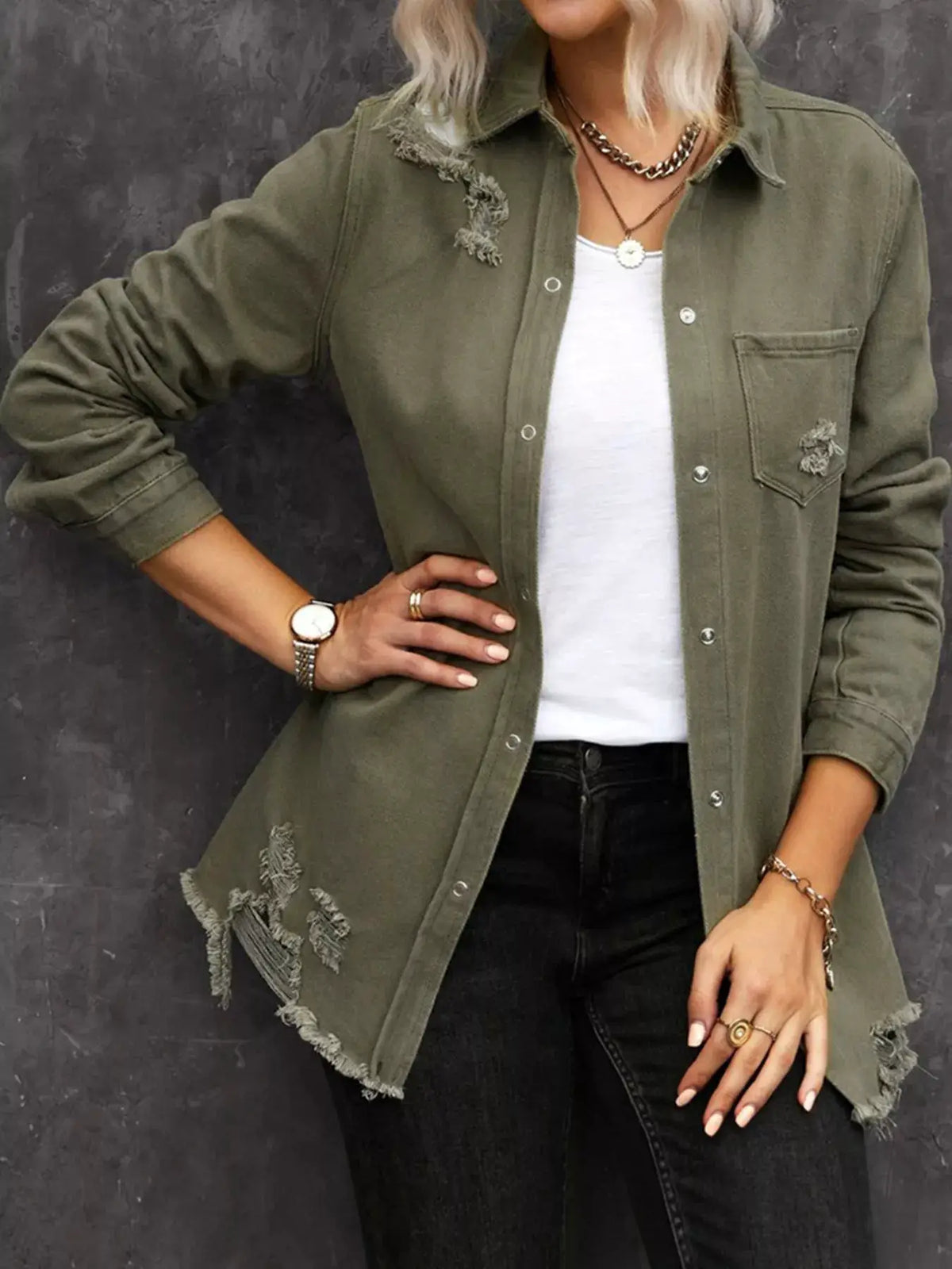 Premium heavyweight olive-green denim shirt jacket with raw hems and distressed detailing