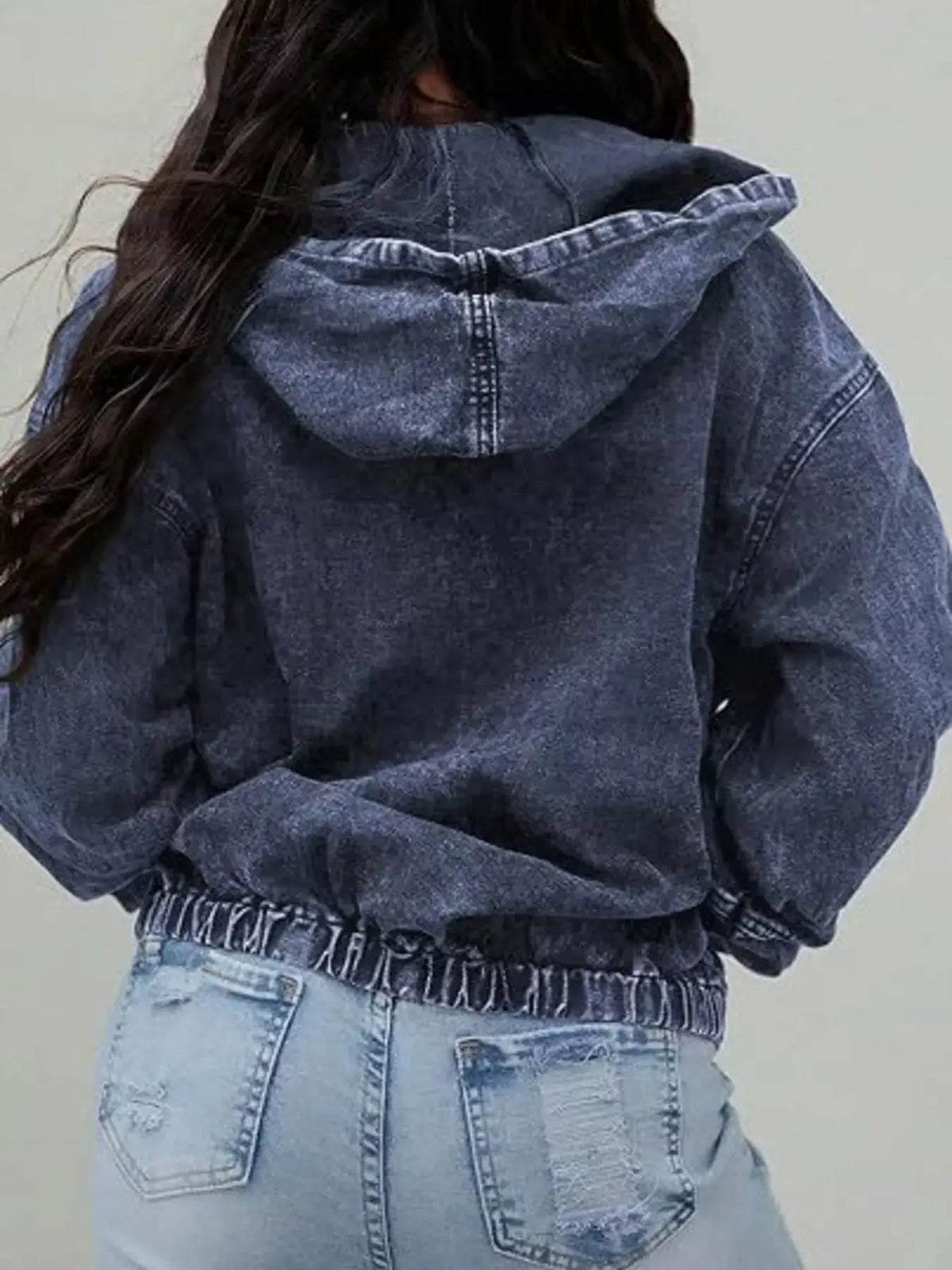 Premium vintage washed zip-up hooded oversized denim jacket in dark indigo.