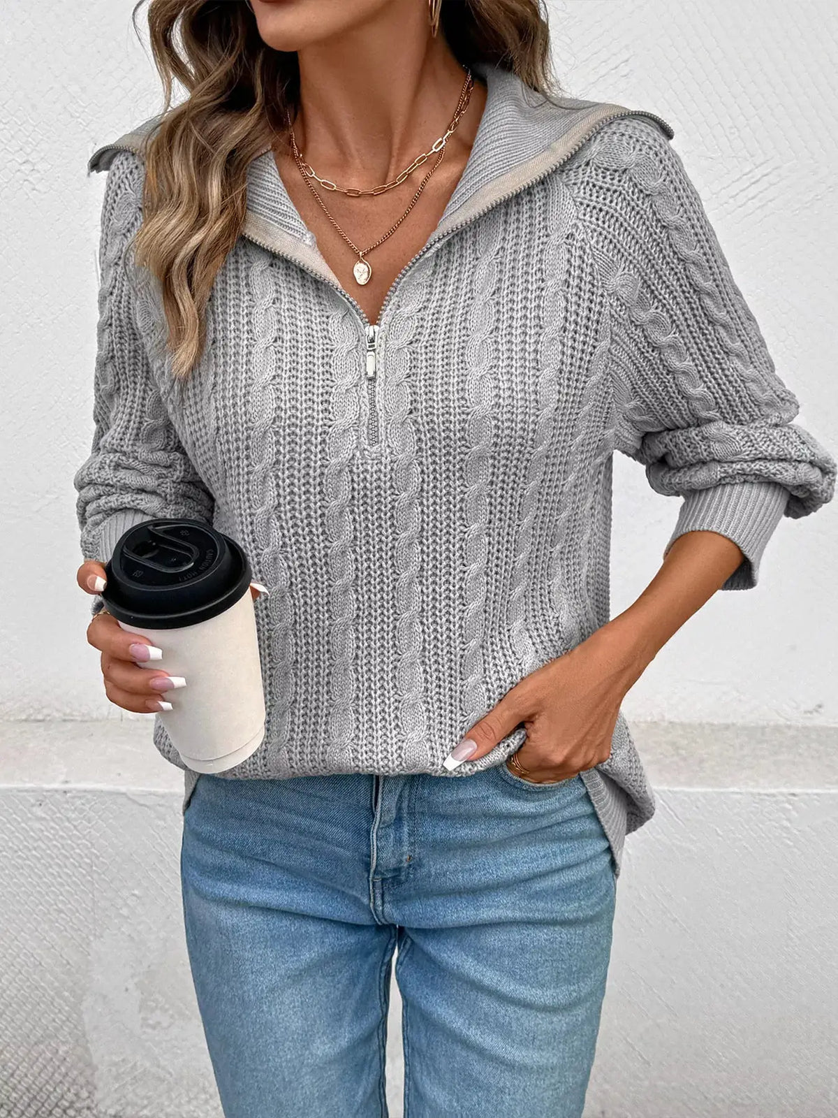 Cable knit half-zip sweater, gray acrylic, Trendsi top.