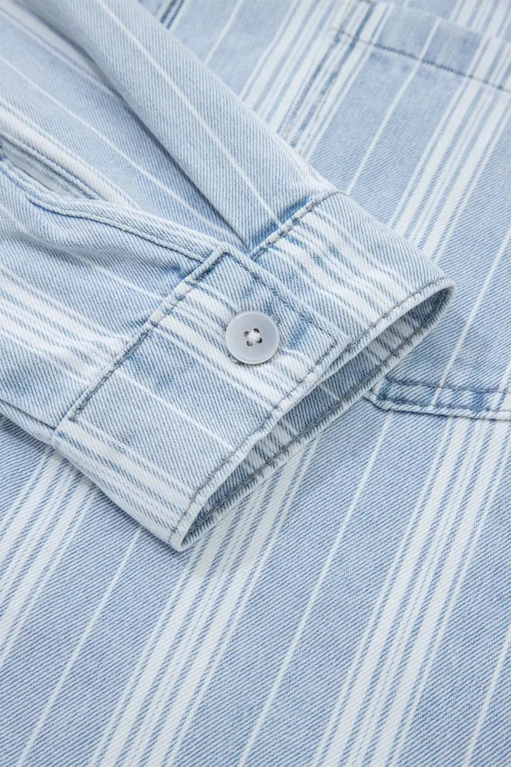 Striped boyfriend denim shacket with cuff button, light blue wash