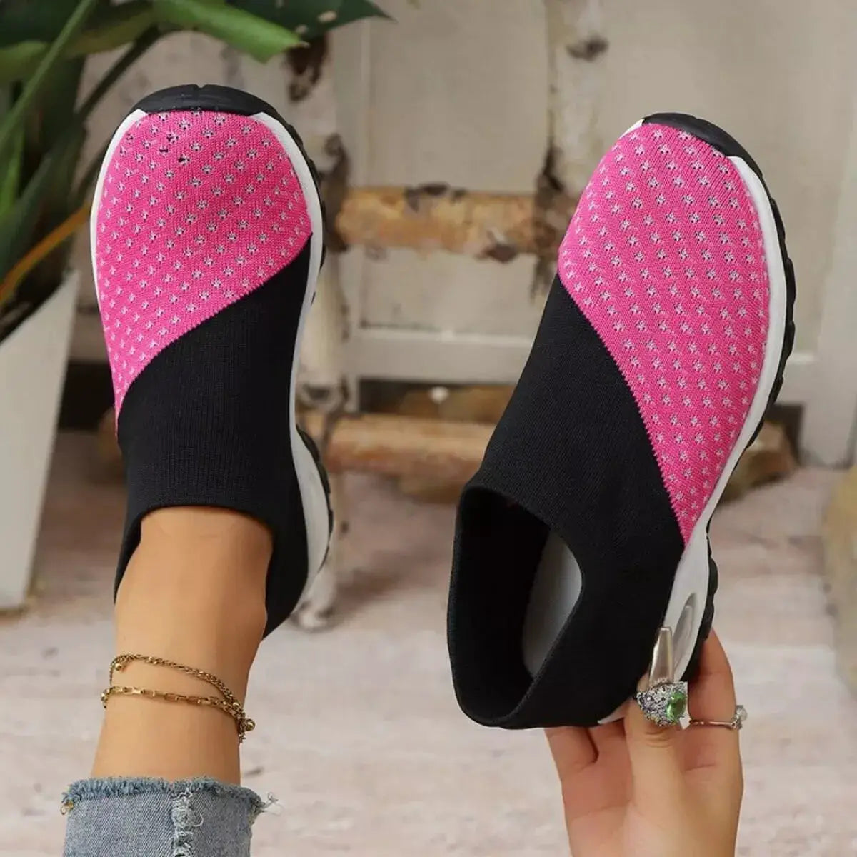 Shoes by Trendsi Color Block Mesh Athletic, pink mesh uppers with black knit accents and white sole, pair