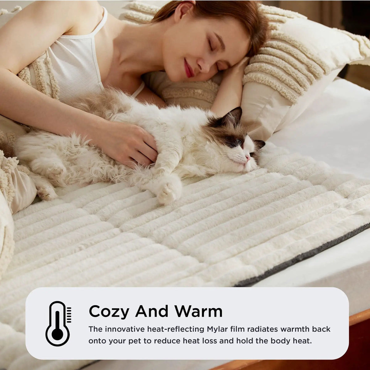 Self-Warming Pet Mat in cream corduroy fleece; cozy warm bed for pets