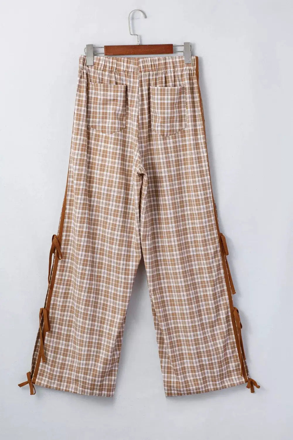 Plaid print tie-detail casual pants by Trendsi, beige/brown check with back pockets