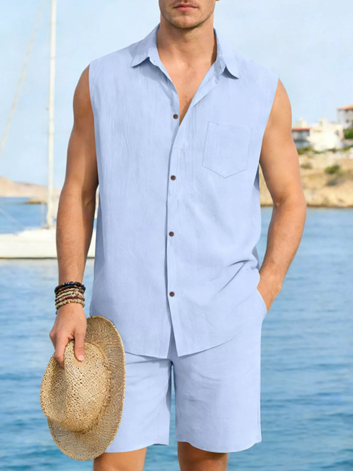 Men's sleeveless button-up shirt and matching shorts set in light blue, plus size by Trendsi.
