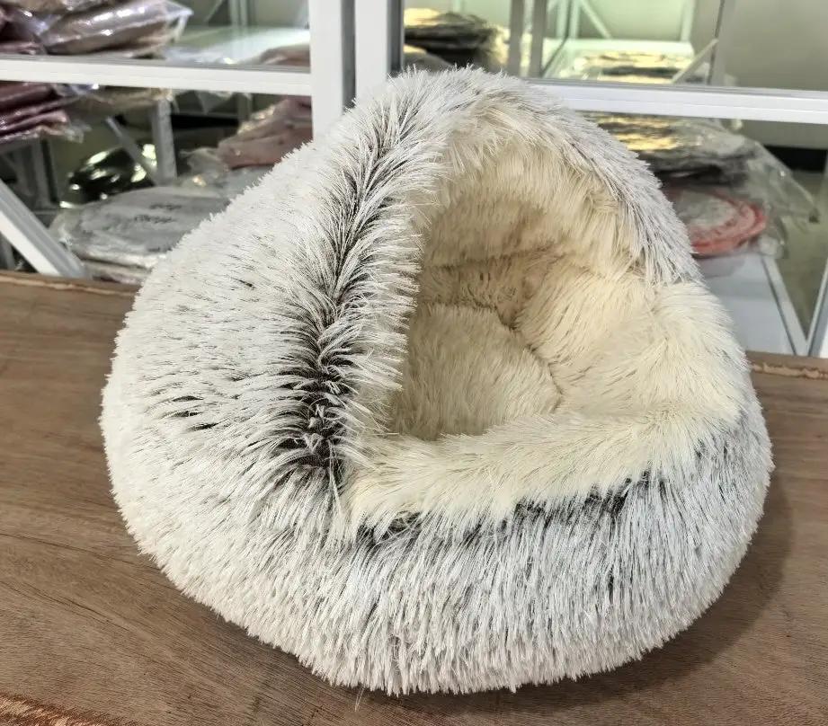 Crystal velvet warm round half-pack cat litter plush pet bed in cream with gray-tipped fur