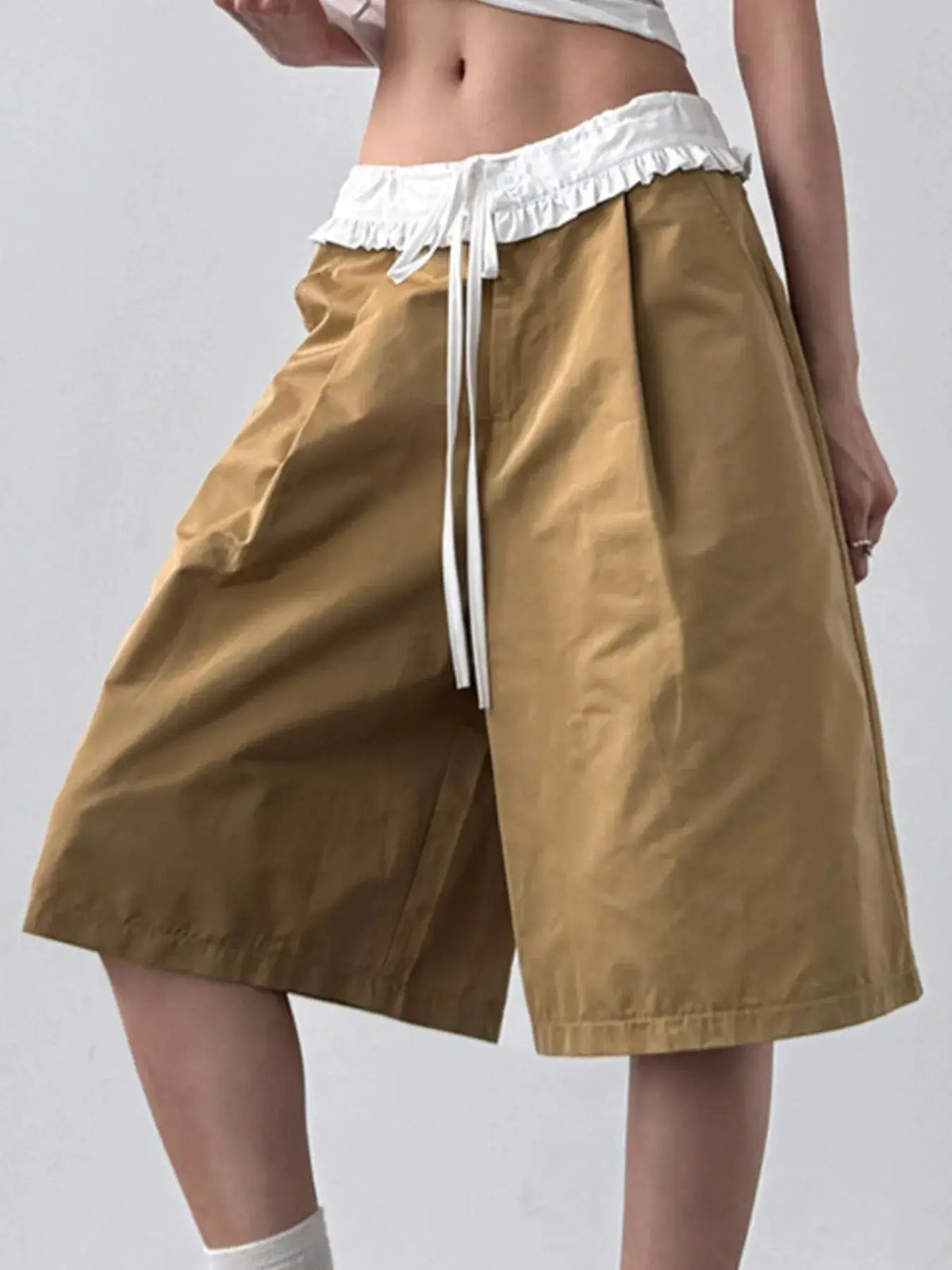 Contrast Waistband Wide-Leg Shorts in khaki with white ruffled waistband and long ties