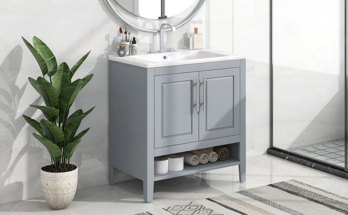 30" Bathroom Vanity with Sink, Multi-functional Bathroom Cabinet with Doors and Drawers, Solid Frame and MDF Board, Grey by eprolo