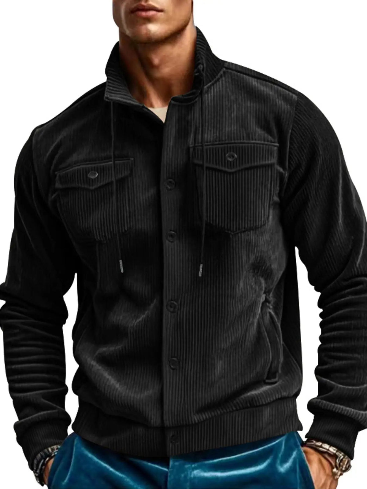 Men's plus-size black corduroy button-up jacket with two chest pockets