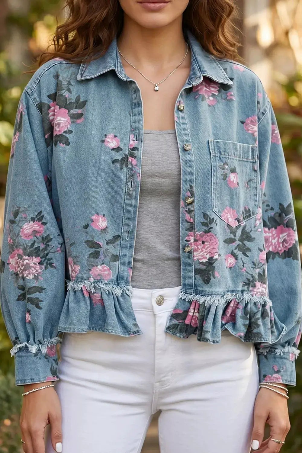 Women's floral-print denim jacket with pink blooms and delicate ruffled hem, blue denim, Trendsi