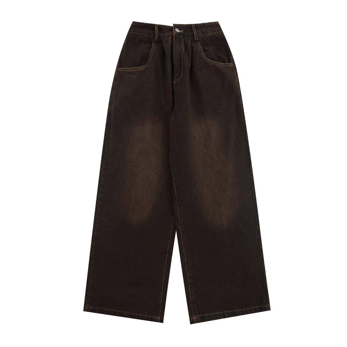 Washed curved knife jeans, dark denim with yellow stitching and wide front pockets.