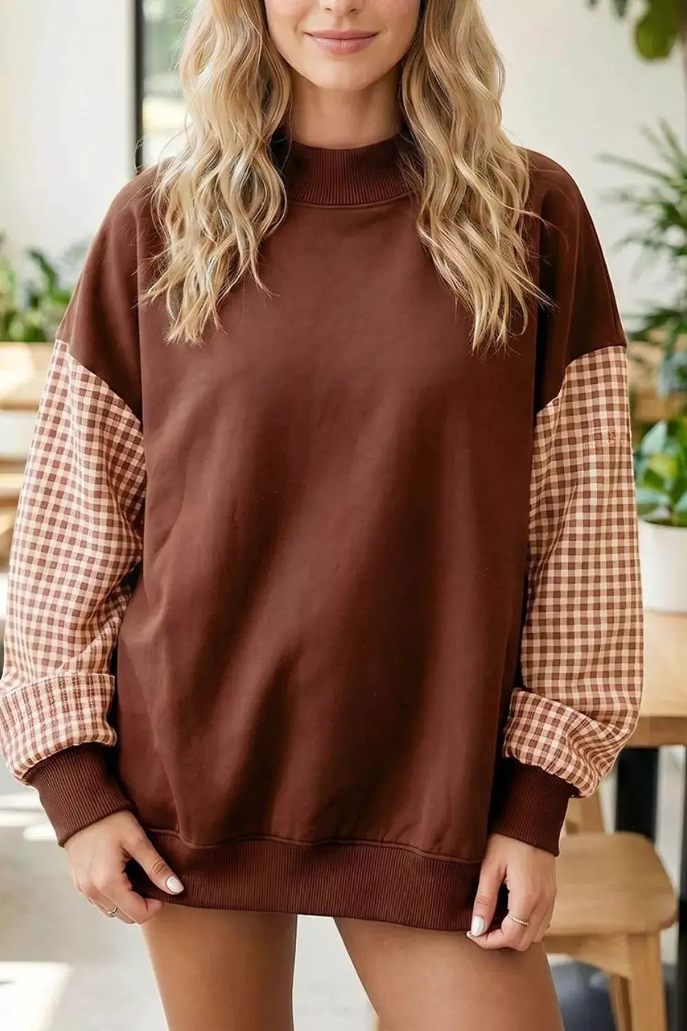Plaid Sleeve Colorblock Loose Tunic Sweatshirt in brown with gingham sleeves