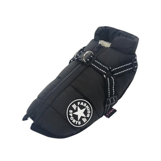 Black padded dog jacket with zipper closure, harness buckle, and round logo patch.