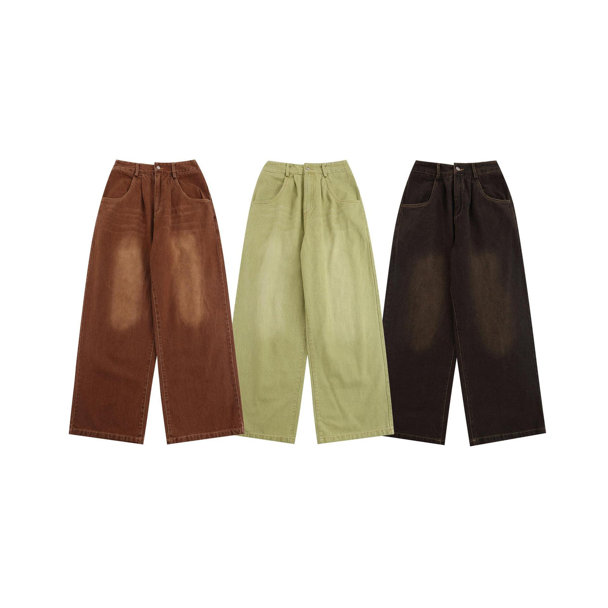 Washed curved knife jeans by eprolo in brown, olive, and dark brown, 3-pack