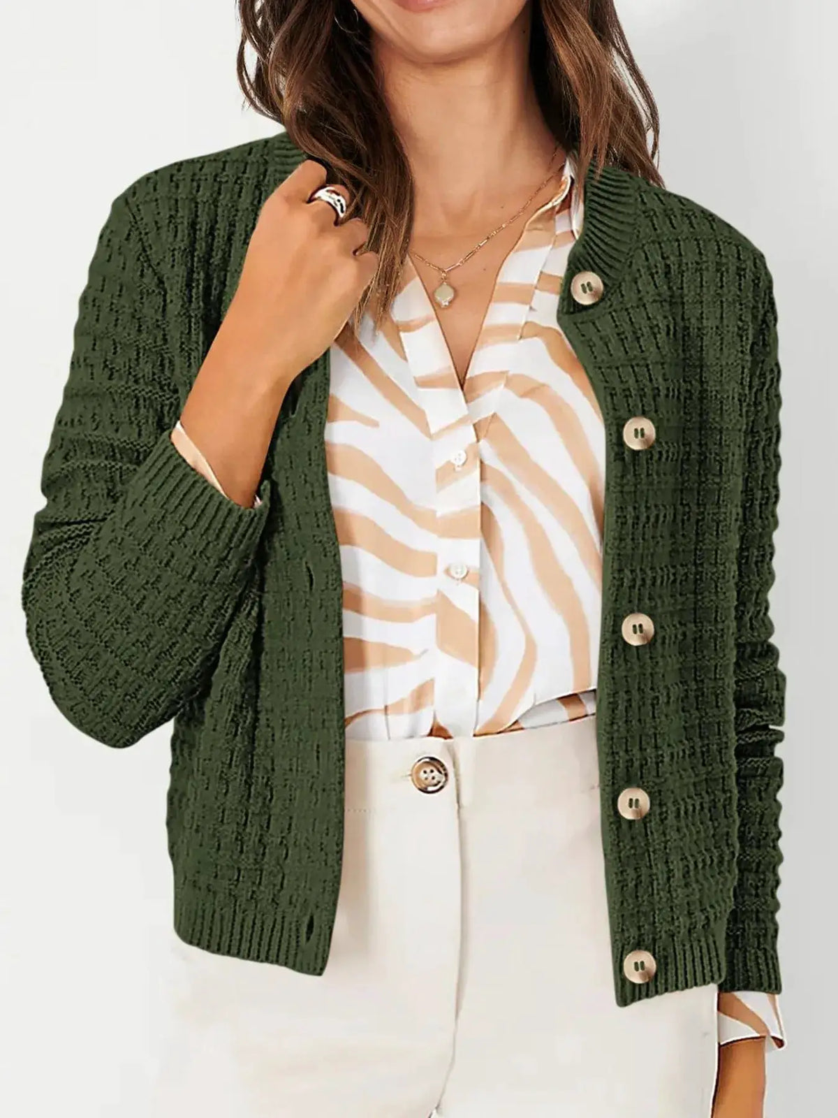 Textured stretchy knit button-front cardigan in dark green with wood-toned buttons